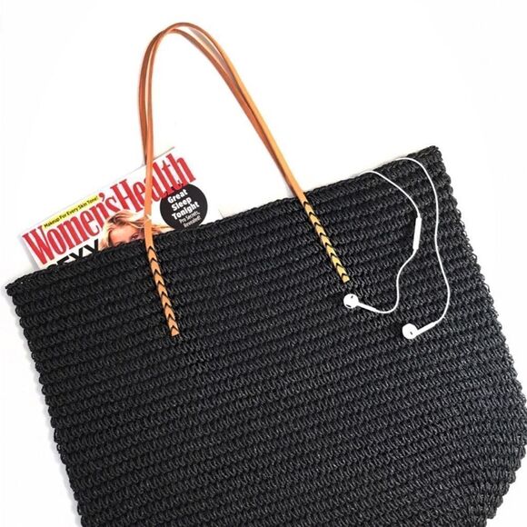 MERONA Beach Straw Tote Bag NEW in Black D32 - Picture 2 of 6